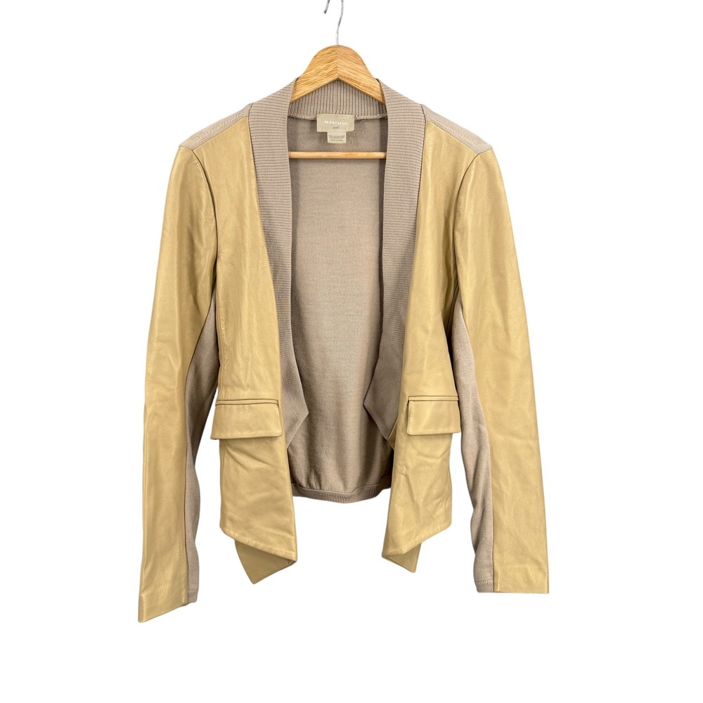M.Patmos Leather‎ Merino Wool Jacket Beige Gold Open Front Size Small